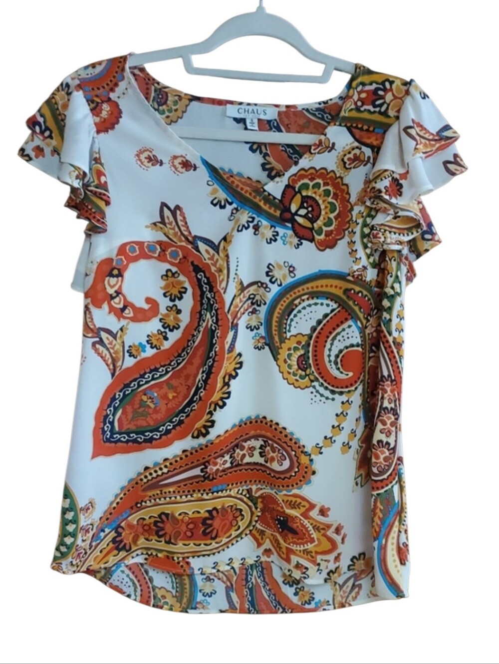 Chaus Cream Paisley Blouse with Orange & Blue Accents Size Small